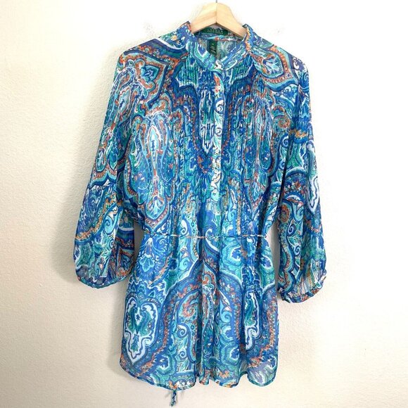Ralph Lauren Womens Plus 1X Paisley Button Front Tunic Top Blouse Lined Shirt - Picture 3 of 10